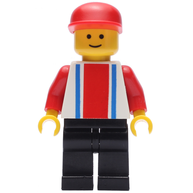 LEGO Man - White Torso with Blue/Red Stripes, Black Legs, Red Cap (fig-004473)