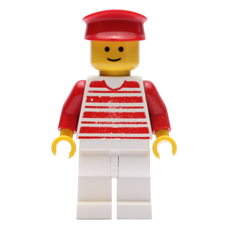 LEGO Man - Red/White Striped Shirt, Red Arms, White Legs, Red Hat (fig-004690)