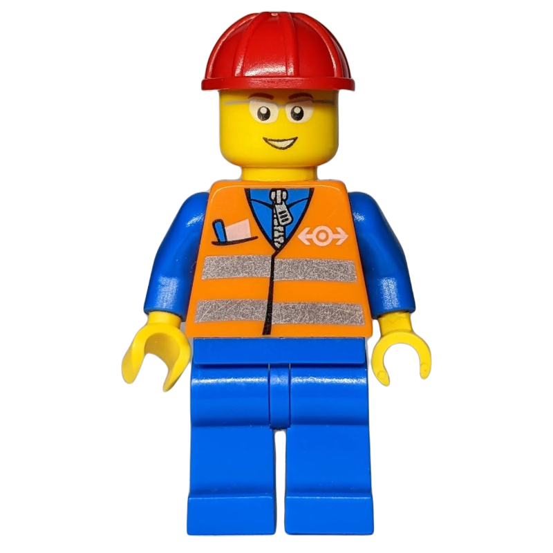 LEGO Worker - Orange Safety Vest, Blue Legs, Red Helmet, Glasses (fig-004739)