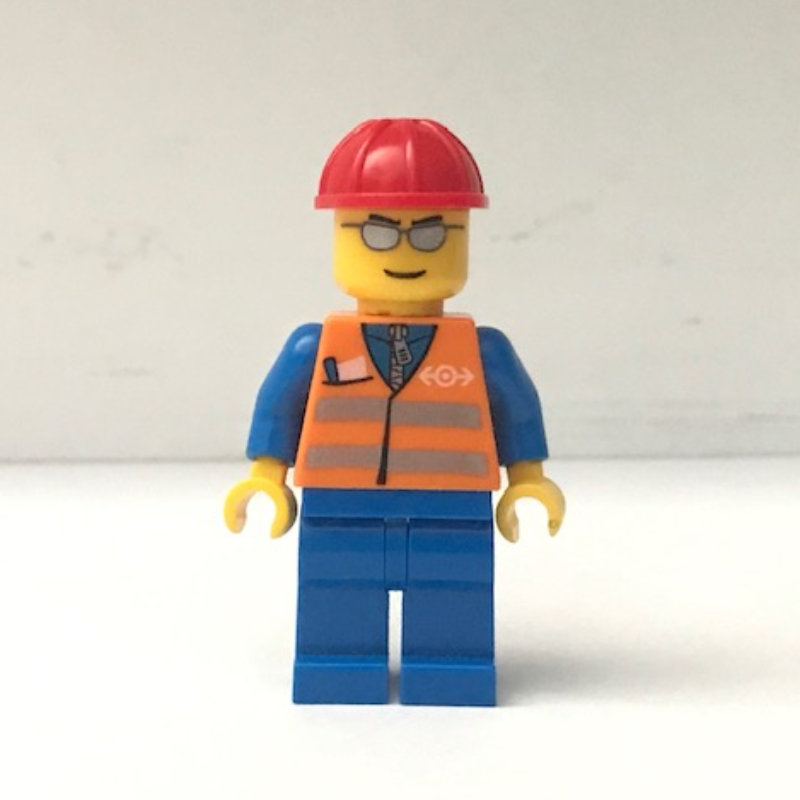 LEGO Worker - Orange Safety Vest, Blue Legs, Red Helmet, Silver Glasses (fig-004740)