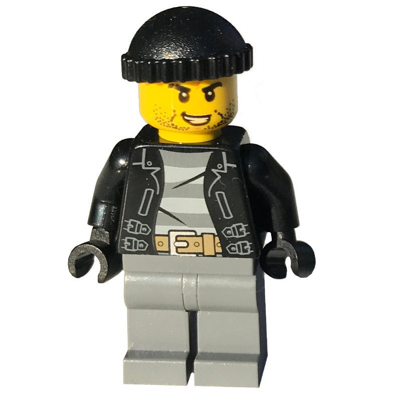 LEGO Criminal, Open Black Jacket over Prison Shirt, Dark Bluish Grey Legs, Black Hat, Stubble (fig-004744)