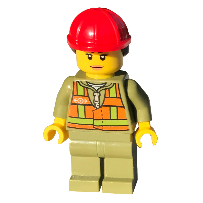 LEGO Train Driver - Orange Vest, Olive Green Legs, Red Helmet, Female (fig-004747)