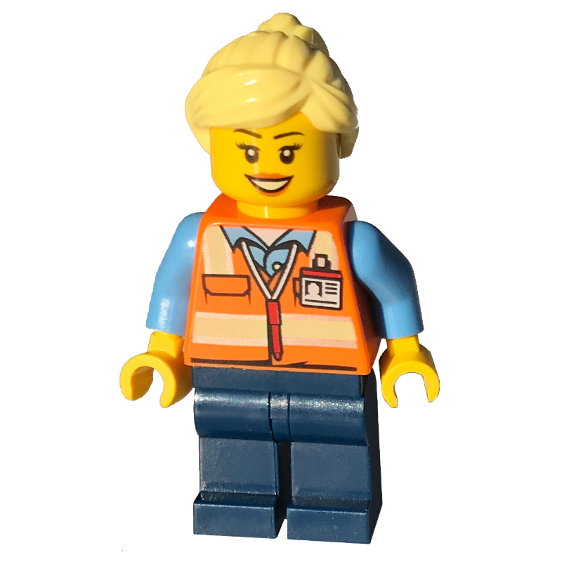 LEGO Train Worker - Orange Vest, Dark Blue Legs, Light Yellow Hair, Female (fig-004748)