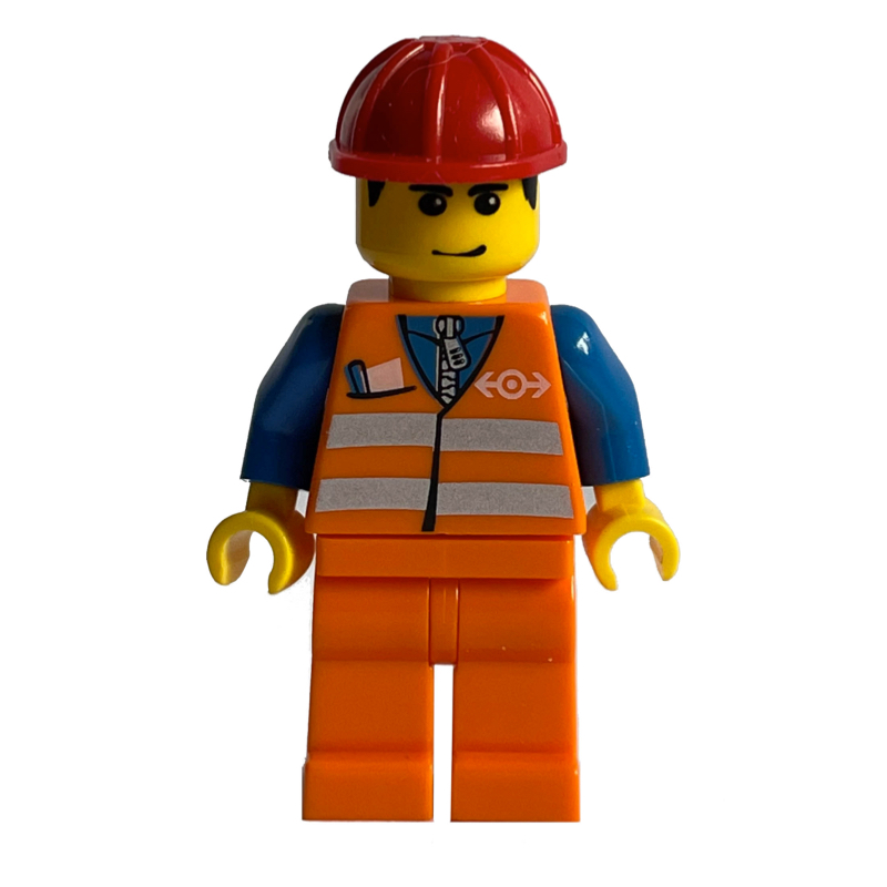 LEGO Train Worker - Orange Safety Vest, Orange Legs, Red Helmet (fig-004750)