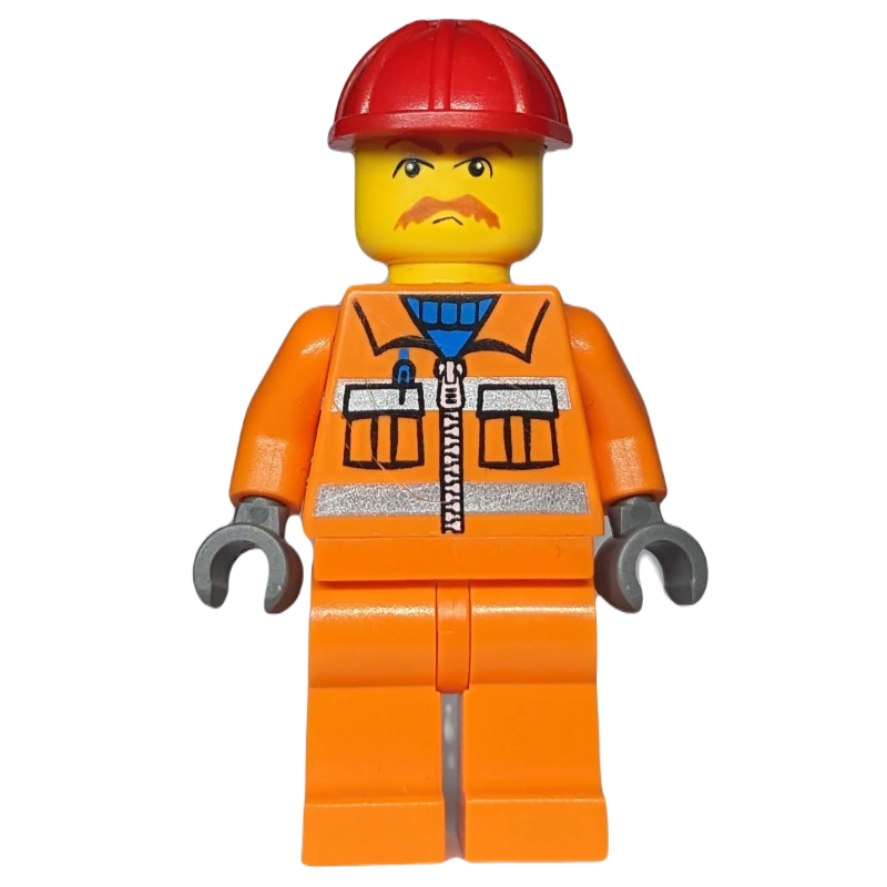 LEGO Train Worker - Orange Safety Vest, Orange Legs, Red Helmet (fig-004751)