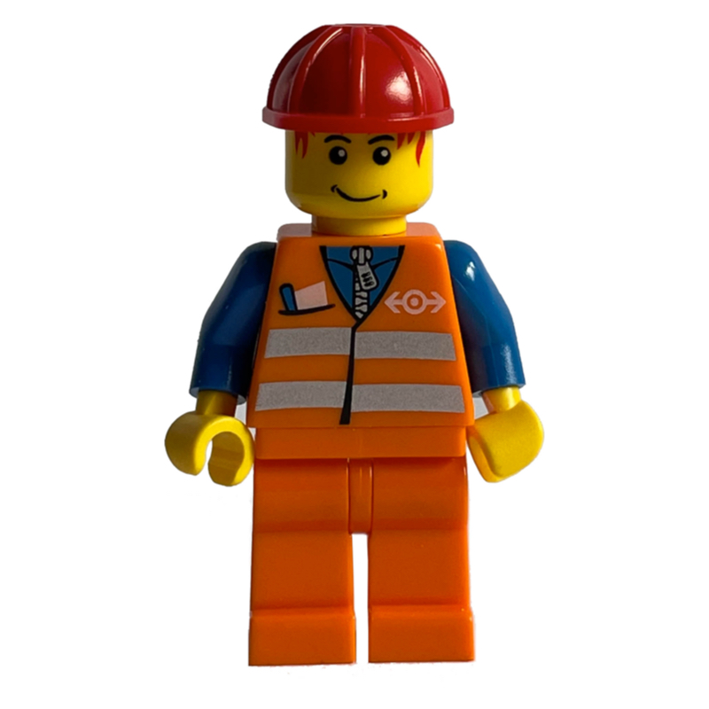 LEGO Train Worker - Orange Safety Vest, Orange Legs, Red Helmet, red Hair (fig-004752)