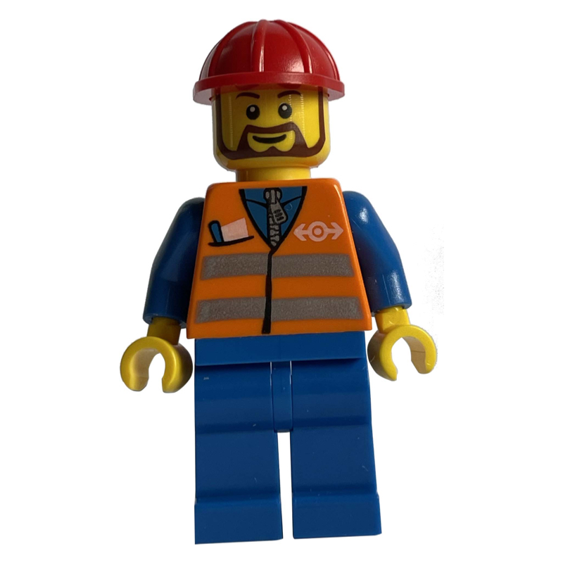 LEGO Worker - Orange Safety Vest, Blue Legs, Red Helmet, Brown Beard (fig-004772)