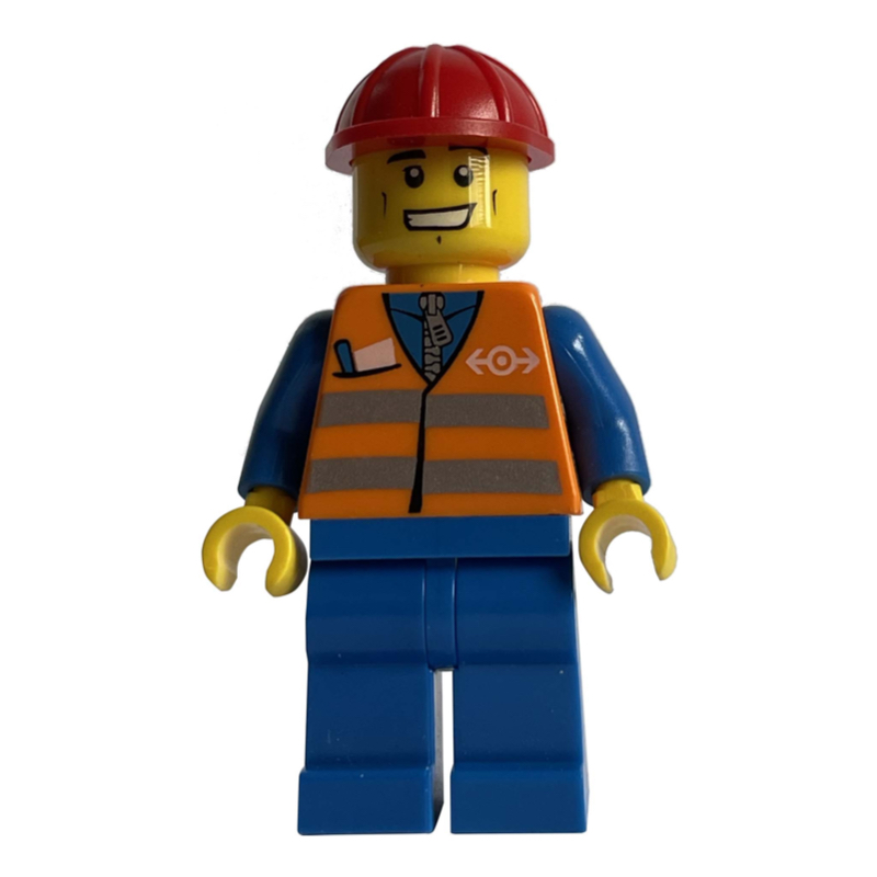 LEGO Worker - Orange Safety Vest, Blue Legs, Red Helmet, Grin (fig-004773)