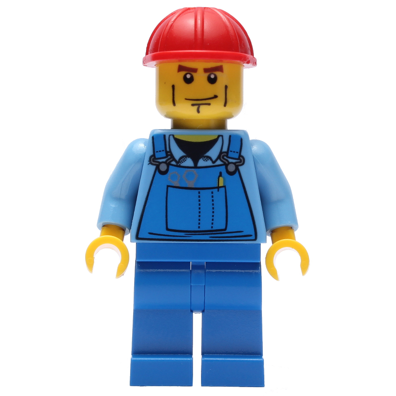 LEGO Worker - Medium Blue Torso, Blue Overall, Red Helmet (fig-004775)