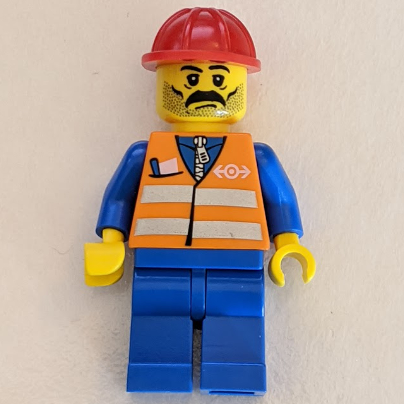 LEGO Worker - Orange Safety Vest, Blue Legs, Red Helmet, Black Moustache (fig-004779)
