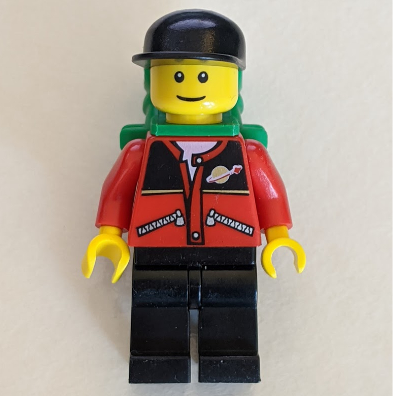 LEGO Man - Red Jacket, Black Legs, Black Cap, Green Backpack (fig-004782)