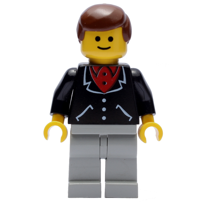 LEGO Man, Black Jacket over Red Shirt, Light Gray Legs, Brown Hair (3626b Head) (fig-004788)