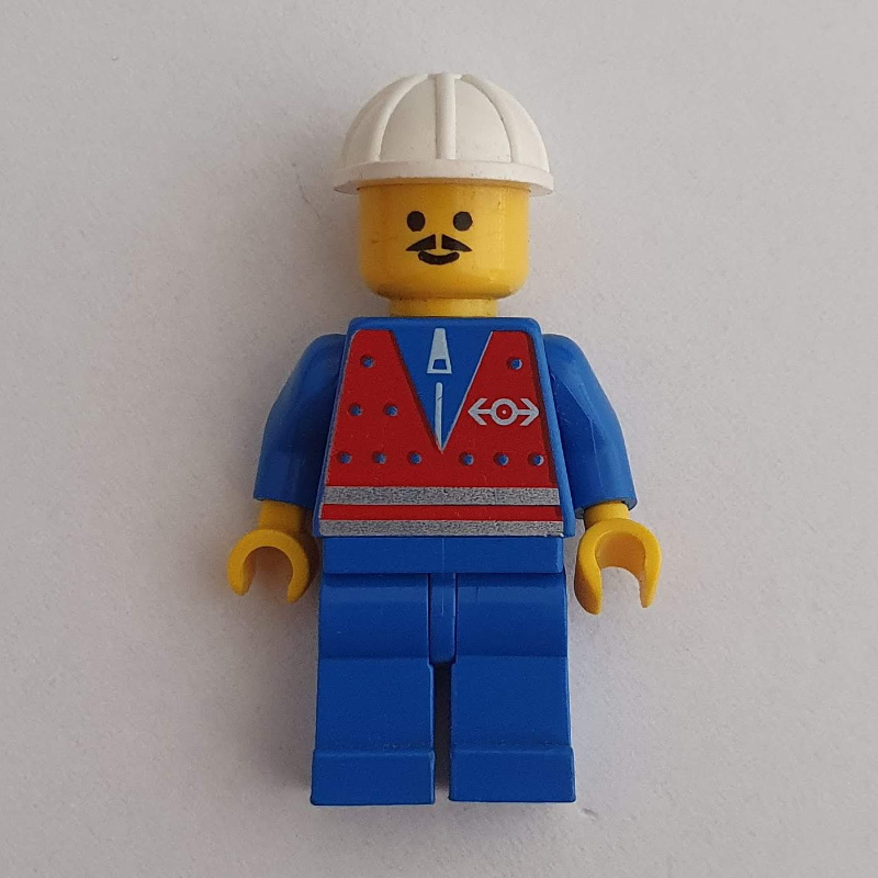 LEGO Train Worker - Red Vest, Blue Legs, White Helmet, Moustache (fig-004789)