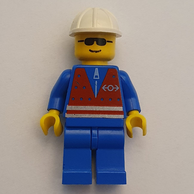 LEGO Train Worker - Red Vest, Blue Legs, White Helmet, Sunglasses (fig-004790)
