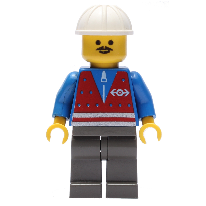 LEGO Train Worker - Red Vest, Dark Gray Legs, White Helmet, Moustache (fig-004809)