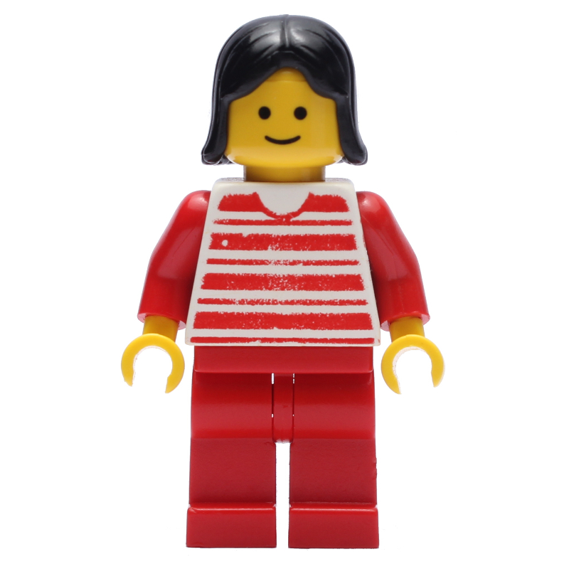 LEGO Woman - Red and White Striped Shirt, Red Legs, Black Hair (3626b Head) (fig-004822)