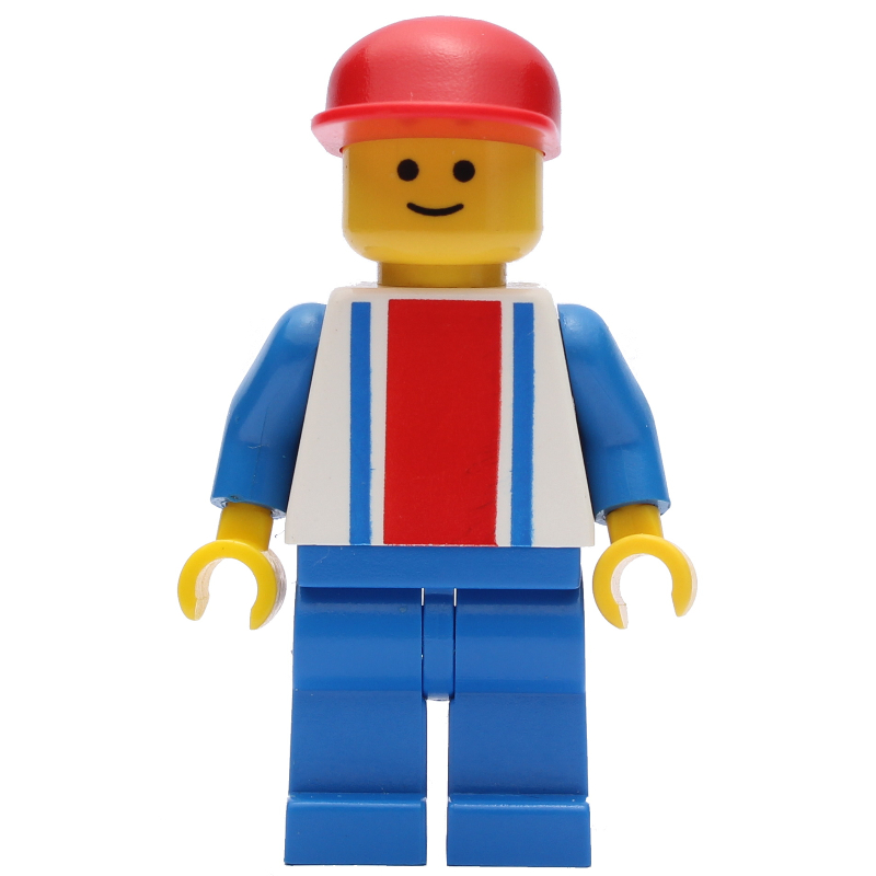 LEGO Man - White Torso with Blue/Red Stripes, Blue Legs, Red Cap (fig-004829)