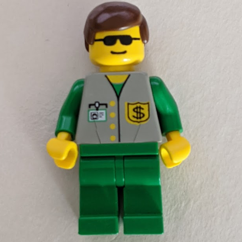 LEGO Bank Employee - Gray Vest, Green Legs, Sunglasses (fig-004904)