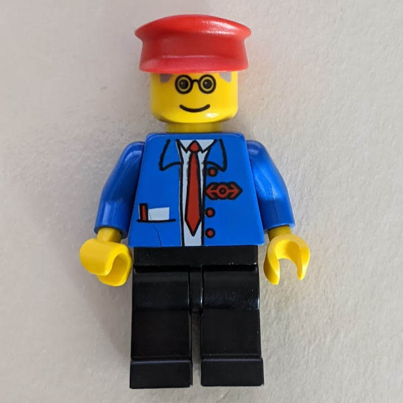 LEGO Train Employee - Blue Torso, Black Legs, Red Hat (fig-004908)