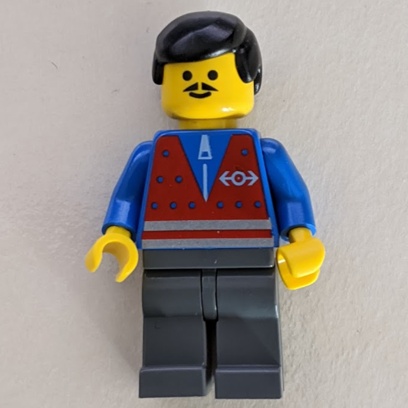 LEGO Train Worker - Red Vest, Dark Gray Legs, Black Hair, Mustache (fig-004910)