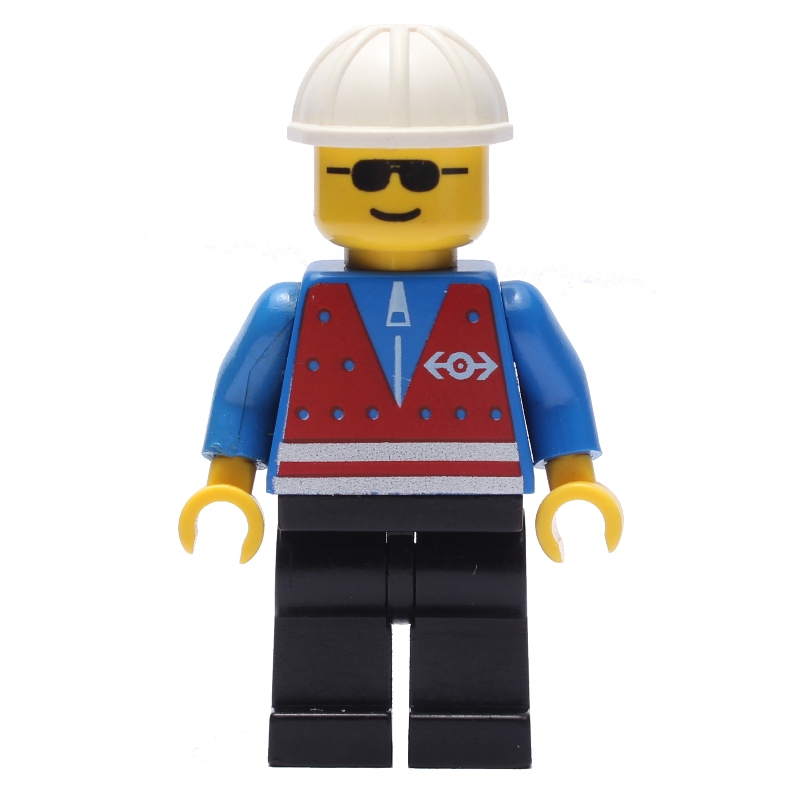 LEGO Train Worker - Red Vest, Black Legs, White Helmet, Sunglasses (fig-004935)