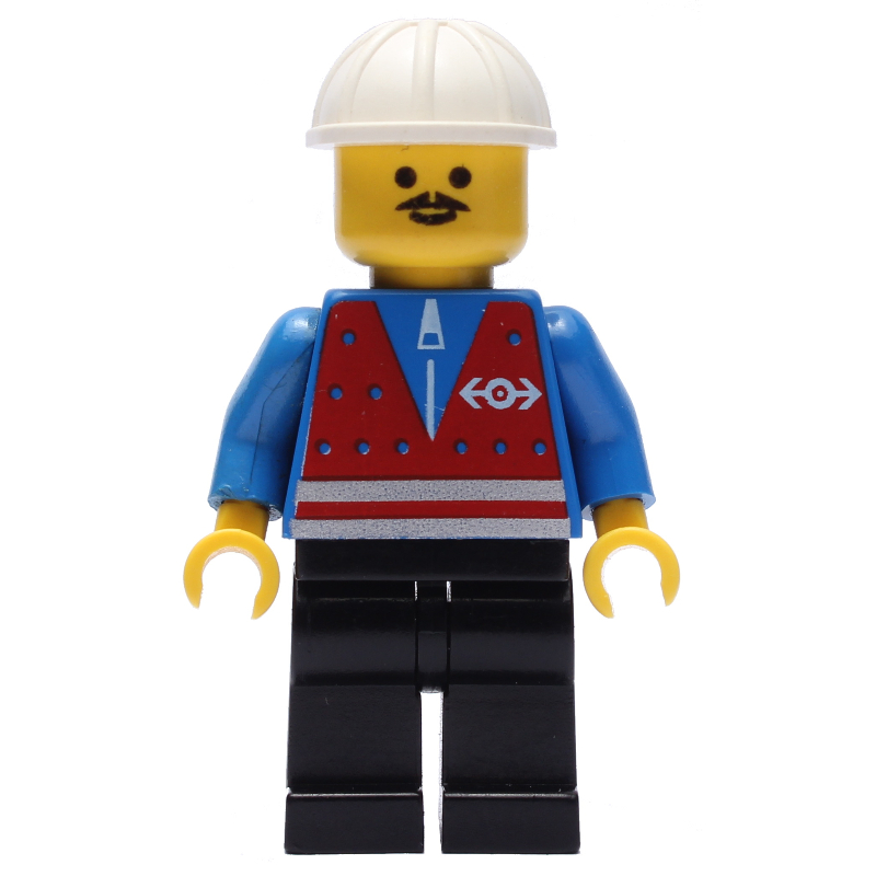 LEGO Train Worker - Red Vest, Black Legs, White Helmet, Mustache (fig-004938)
