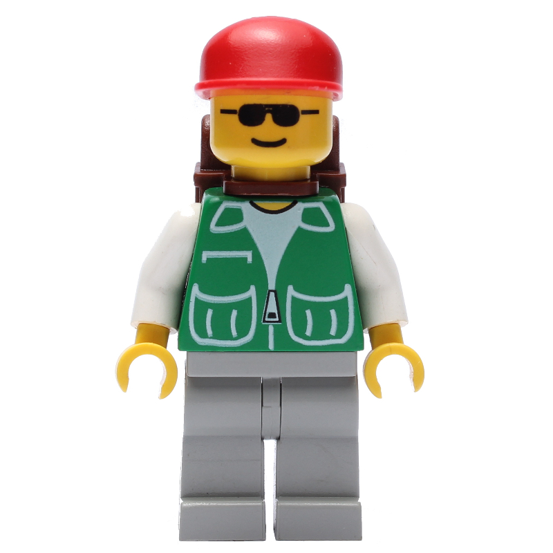 LEGO Man, Green Jacket, Light Grey Legs, Sunglasses, Brown Backpack (fig-004946)