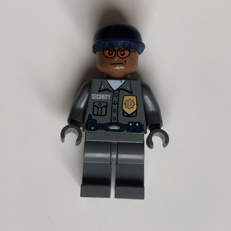 LEGO Security Guard Dark Bluish Gray Shirt with Badge, Dark Blue Cap, Orange Sunglasses (fig-004957)