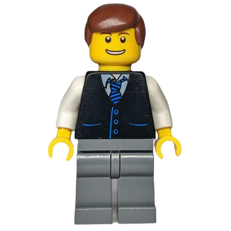 LEGO Man - Black Vest, Dark Bluish Gray Legs, Reddish Brown Hair (fig-005131)