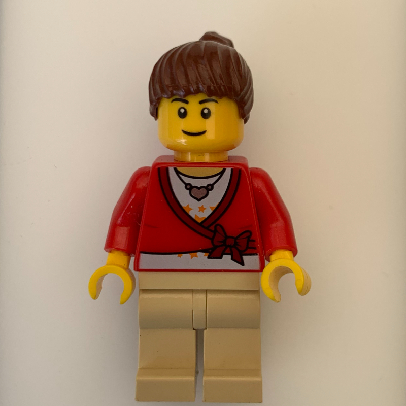 LEGO Woman - Red Sweater, Tan Legs, Reddish Brown Hair, Black Eyebrows (fig-005134)