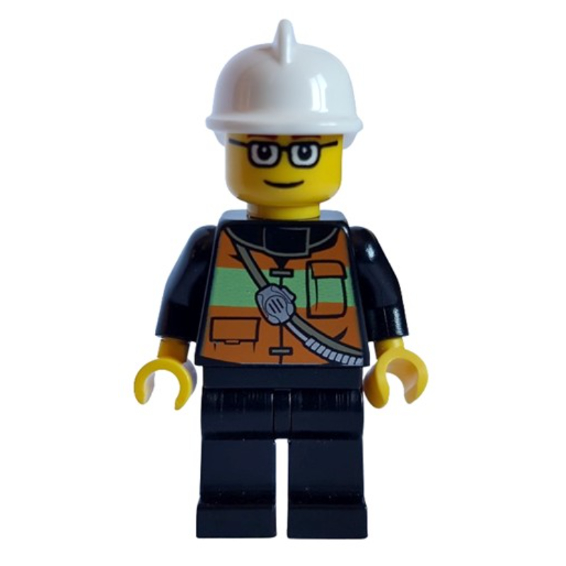 LEGO Fireman with Reflective Stripe Vest with Pockets and Radio on Shoulder Strap, White Helmet, and Glasses (fig-005874)