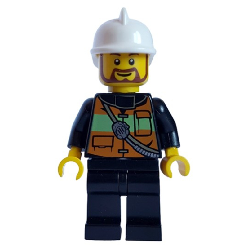 LEGO Fireman with Reflective Stripe Vest with Pockets and Radio on Shoulder Strap, White Fire Helmet, and Beard (fig-005875)