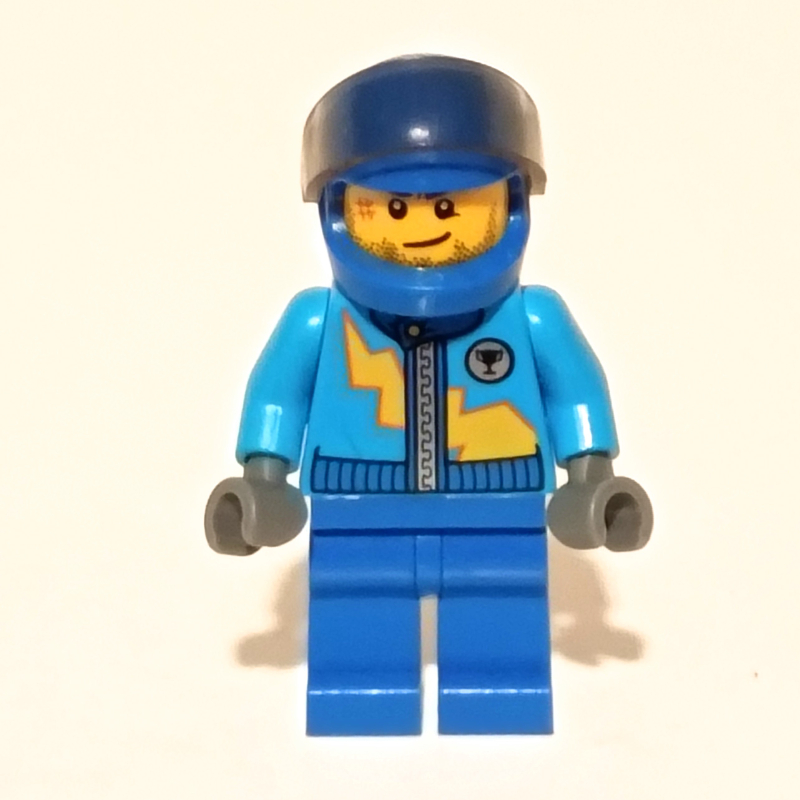 LEGO Racer with Dark Azure Jacket with Zipper and Yellow Lightning Bolt, Blue Helmet with Trans-Brown Visor (fig-005879)