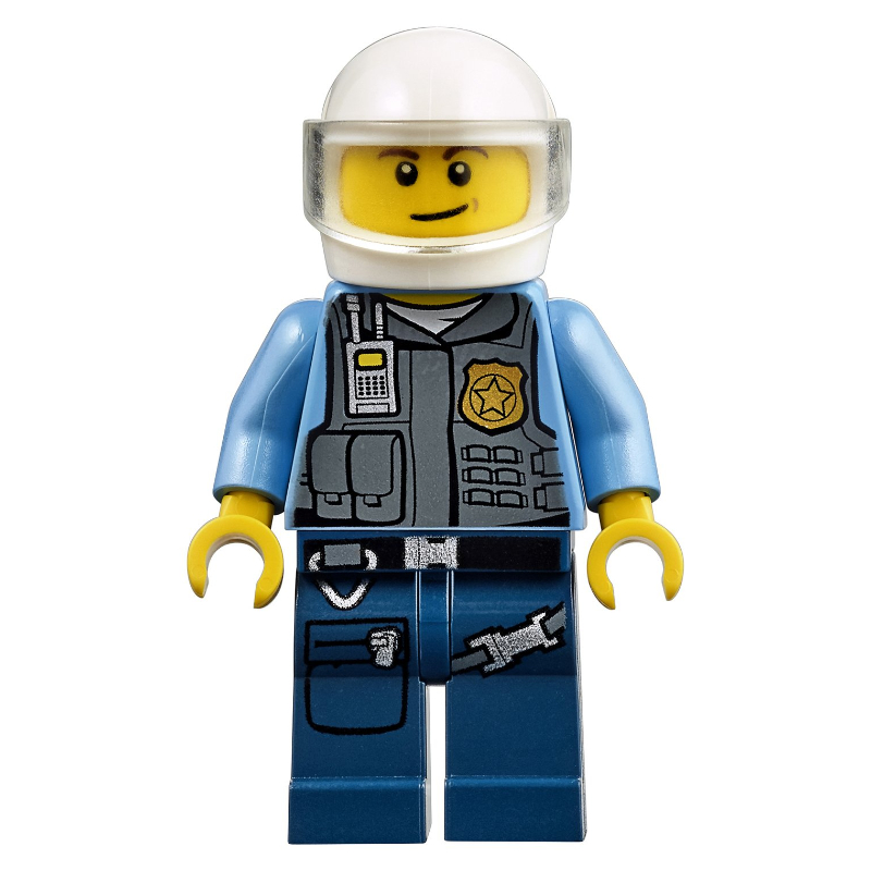 LEGO Policeman in Vest with Gold Badge, Radio, and Pockets. White Helmet with Trans-Clear Visor (fig-005881)