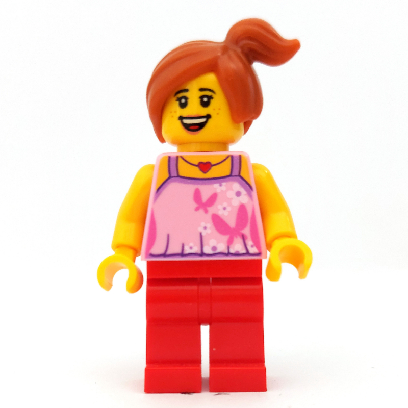 LEGO Child with Bright Pink Top with Butterflies and Flowers, Red Legs, Off-center Ponytail (fig-005882)