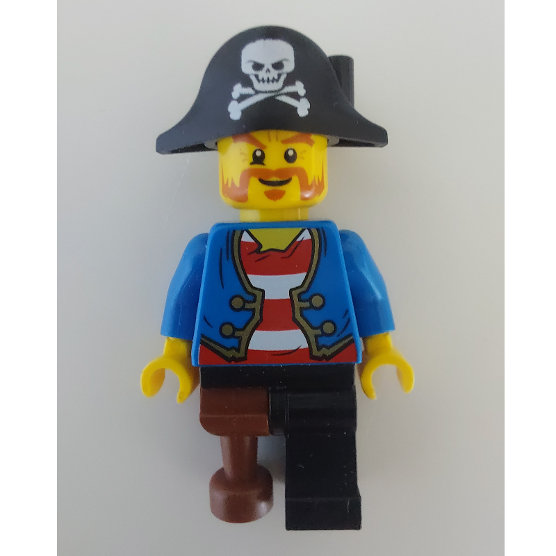 LEGO Pirate with Blue Jacket over Red and White Striped Shirt, Peg Leg, and Pirate Hat with Skull (fig-005886)