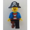 Pirate with Blue Jacket over Red and White Striped Shirt, Peg Leg, and Pirate Hat with Skull