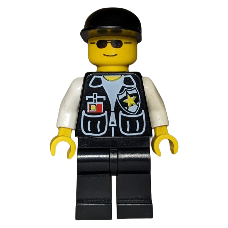 LEGO Policeman, Black Vest with Badge and Pockets, Black Cap, Sunglasses (fig-005948)