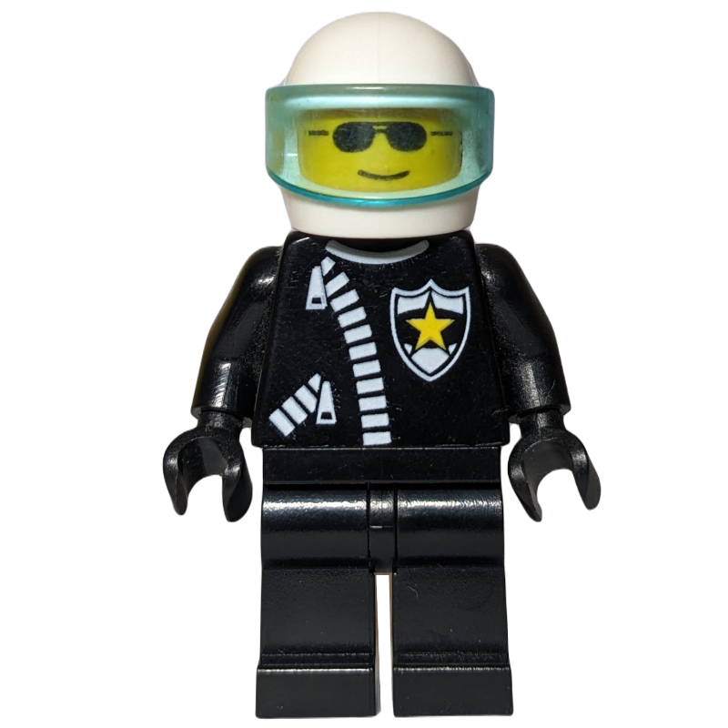 LEGO Policeman, Black Jacket with Zipper and Badge, White Helmet with Trans-Light Blue Visor (fig-005949)