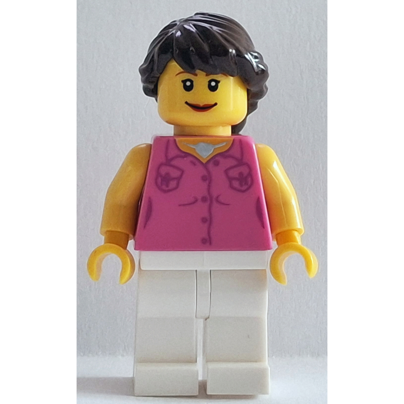 LEGO Female, Dark Pink Vest and Necklace, White Legs, Dark Brown Hair French Braided (fig-006269)