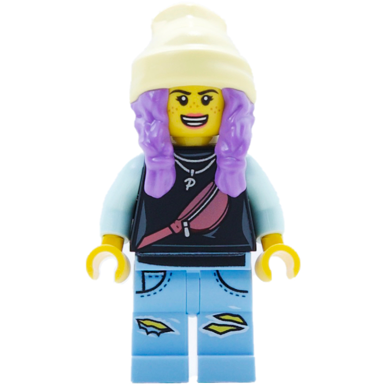 LEGO Parker L. Jackson, Black Top, Bright Light Yellow Beanie Hat, Medium Lavender Hair, Scared / Open Mouth (fig-006329)