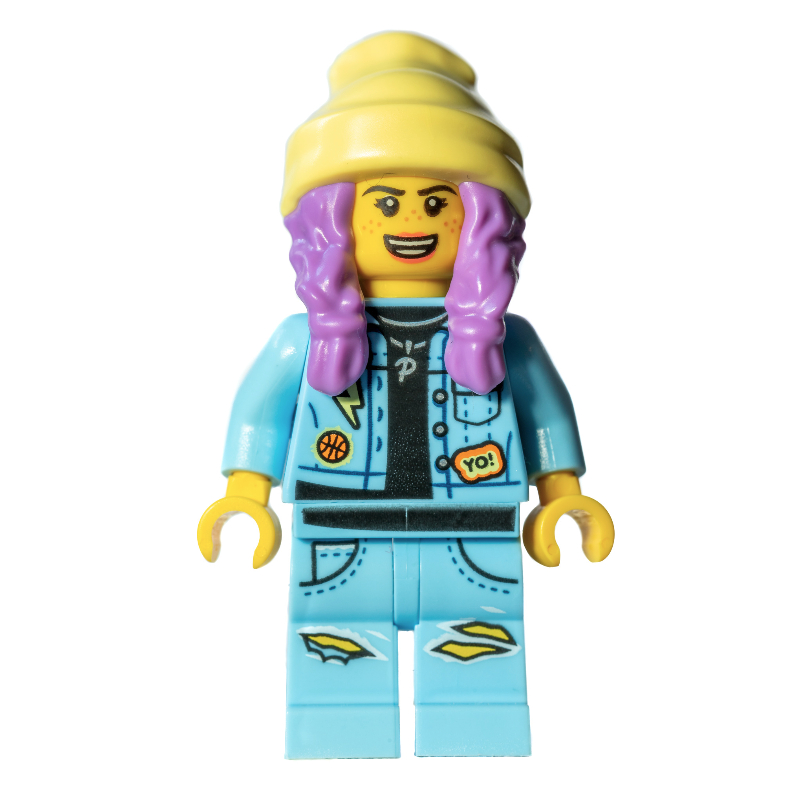 LEGO Parker L. Jackson, Bright Light Blue Denim Jacket, Bright Light Yellow Beanie Hat, Medium Lavender Hair, Scared / Open Mouth (fig-006337)