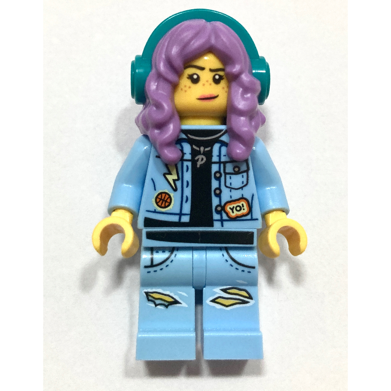 LEGO Parker L. Jackson, Bright Light Blue Denim Jacket, Medium Lavender Hair with Headphones, Angry / Smirk (fig-006356)
