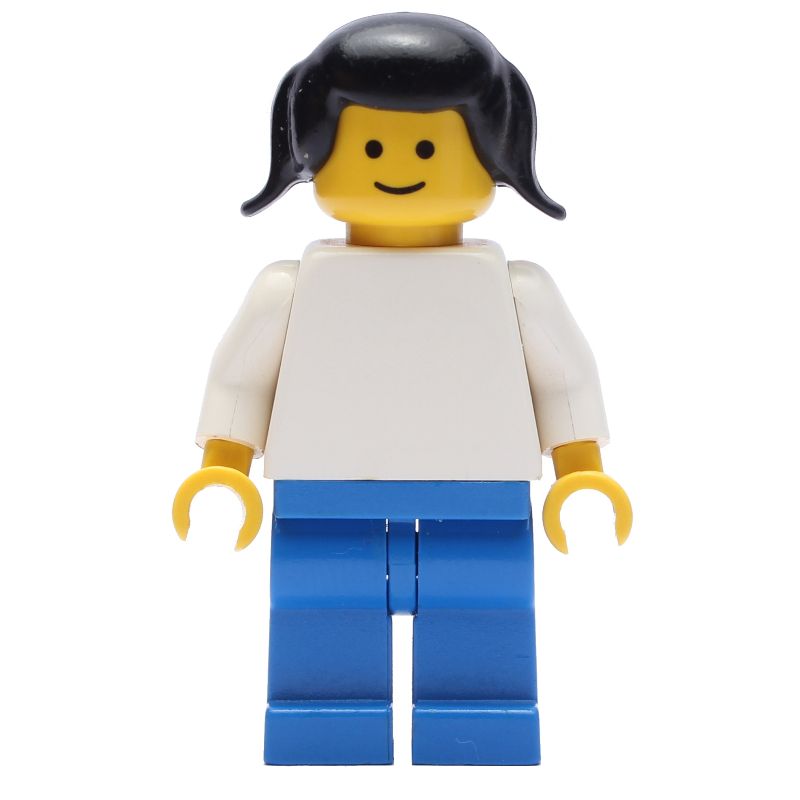 LEGO Female, Plain White Torso and Blue Legs, Black Pigtails Hair (fig-006377)