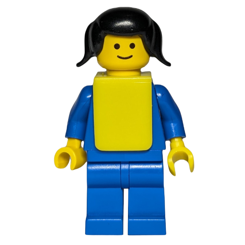 LEGO Female, Plain Blue Torso and Legs, Black Pigtails Hair, Yellow Bib (fig-006379)