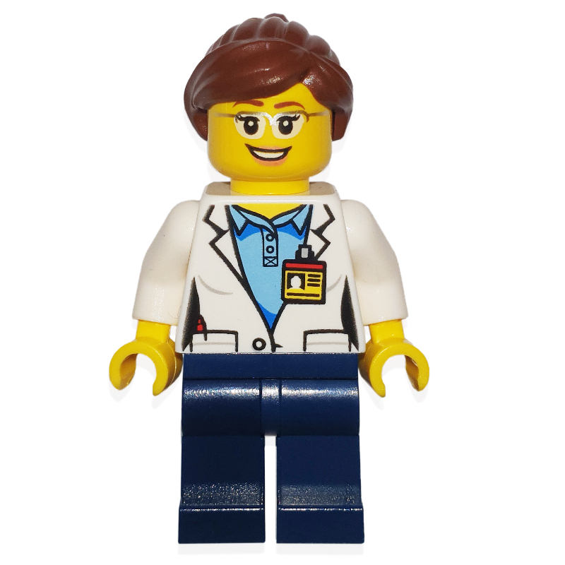 LEGO Scientist, Dark Blue Legs, Name Badge, Glasses, Female (fig-006710)