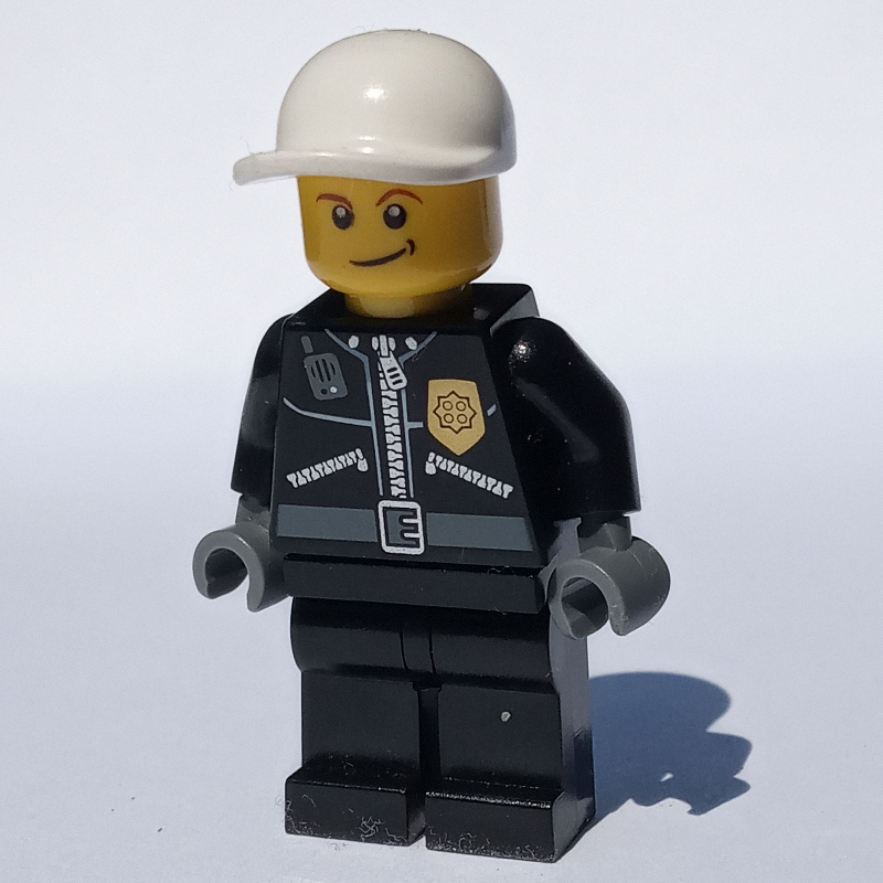 LEGO Policeman, Black Jacket with Zipper, Radio, Badge, and 'POLICE' on Back, White Cap (3626c Head) (fig-006713)