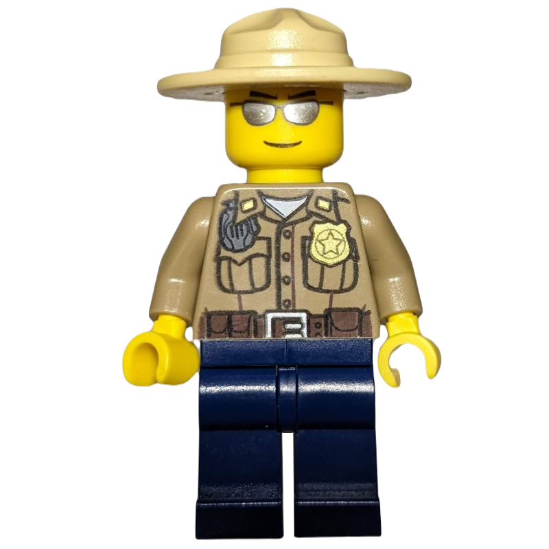 LEGO Forest Police / Ranger, Dark Tan Shirt with Radio and Badge, Dark Blue Legs, Tan Campaign Hat, Silver Sunglasses (fig-006714)
