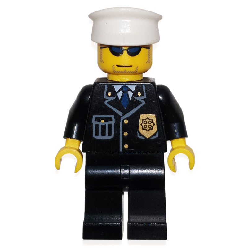 LEGO Policeman, Black Suit with Badge, White Hat, Sunglasses, Stubble (fig-006716)