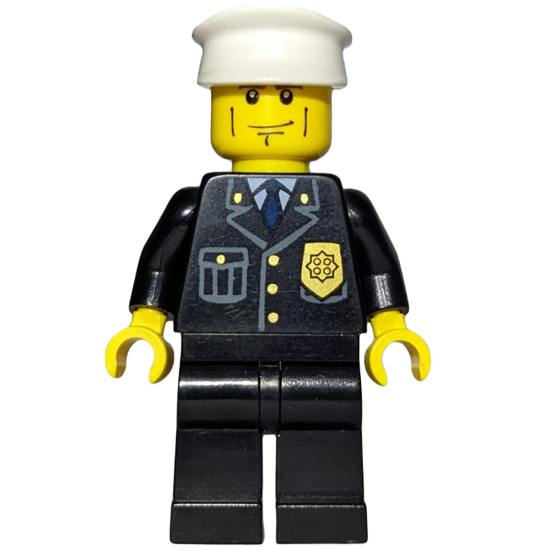 LEGO Policeman, Black Suit with Badge, White Hat, Cheek Lines, Brown Eyebrows (fig-006717)